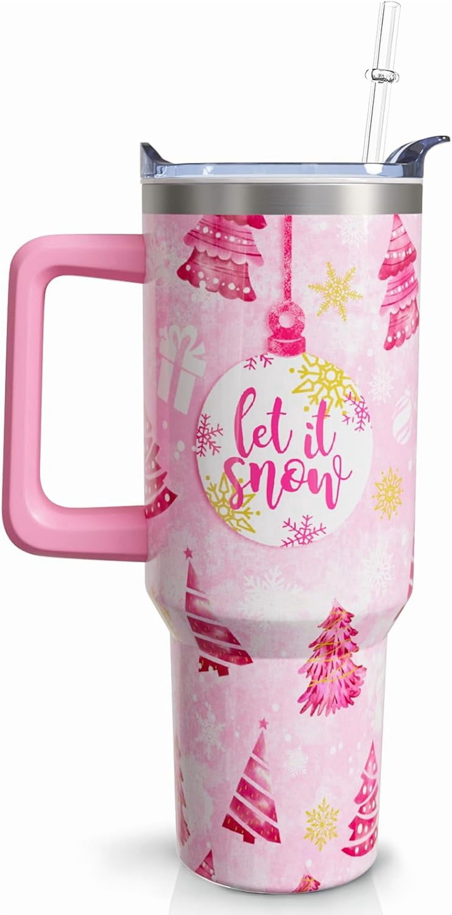 Christmas Tumbler 40 oz Christmas Tumblers with Handle and Straw Pink Christmas Tree Stainless Steel Insulated Coffee Cups Mugs Christmas Gifts Stuff Decor for Women Girls