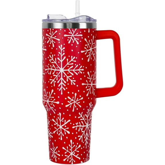 Christmas Tumbler 40 oz with Handle & Straw Lid - Vacuum Insulated, Leakproof Stainless Steel Mug - Cute Red Snowflake Design - Perfect Holiday Gift for Women & Men