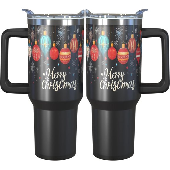 Christmas Tumbler 40 oz Hanging Baubles Merry Christmas Xmas Tumblers with Handle and Straw Black Stainless Steel Insulated Coffee Mugs Holiday Gifts for Women Men