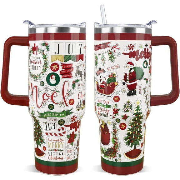 Christmas Tumbler 40 oz Santa Claus Tumbler Winter Leak Proof Cups with Handle and Straw Insulated Water Bottle Coffee Travel Mugs Joy Merry Christmas Decor Holiday Gifts (1PCS)
