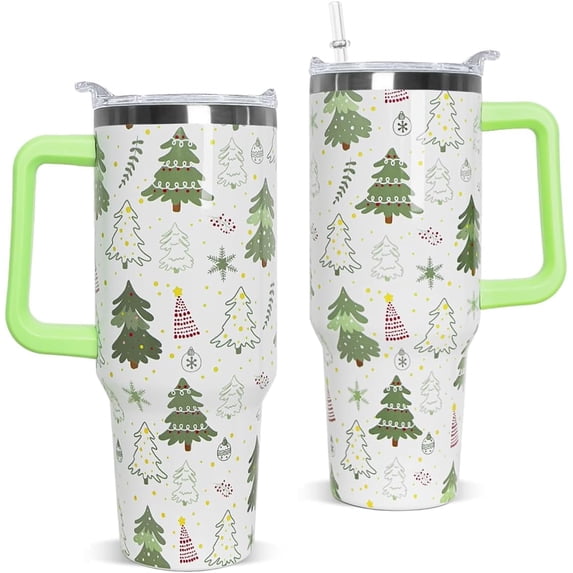 Christmas Tumbler 40 oz With Handle and Straw - Xmas Coffee Travel Mug, Stainless Steel Insulated Cup - Christmas Tree Decor Gifts for Women