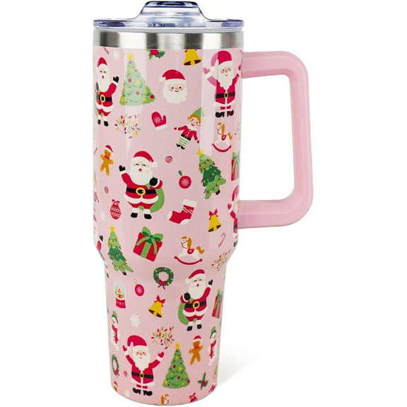Christmas Tumbler 40oz Santa Tumbler with Lid and Straw Christmas Trees Snowman Snowflakes Cup Pink Xmas Insulated Coffee Mug Christmas Gifts for Women Men