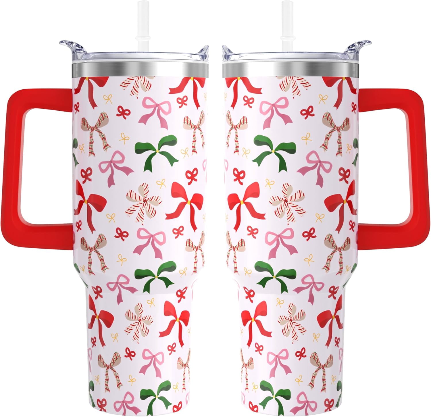 Christmas Tumbler, Cute Xmas Bow Tumbler with Handle and Straw, 40 oz Stainless Steel Insulated Water Bottle Christmas Birthday Winter Gifts for Women