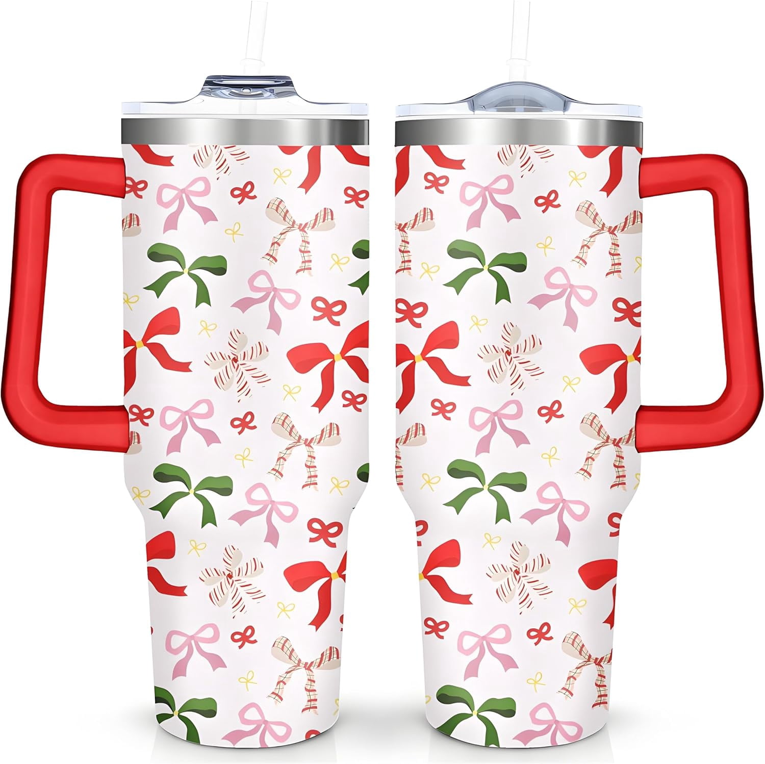 Christmas Tumbler, Cute Xmas Bow Tumbler with Handle and Straw, 40 oz Stainless Steel Insulated Water Bottle Christmas Birthday Winter Gifts for Women