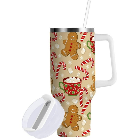 Christmas Tumbler Gingerbread Snowflake Candy Travel Mug Coffee Cup Water Bottle Beverage Container Stainless Steel Insulated Mega Cup for Hot Cold Drink Cupholder Friendly 40 oz