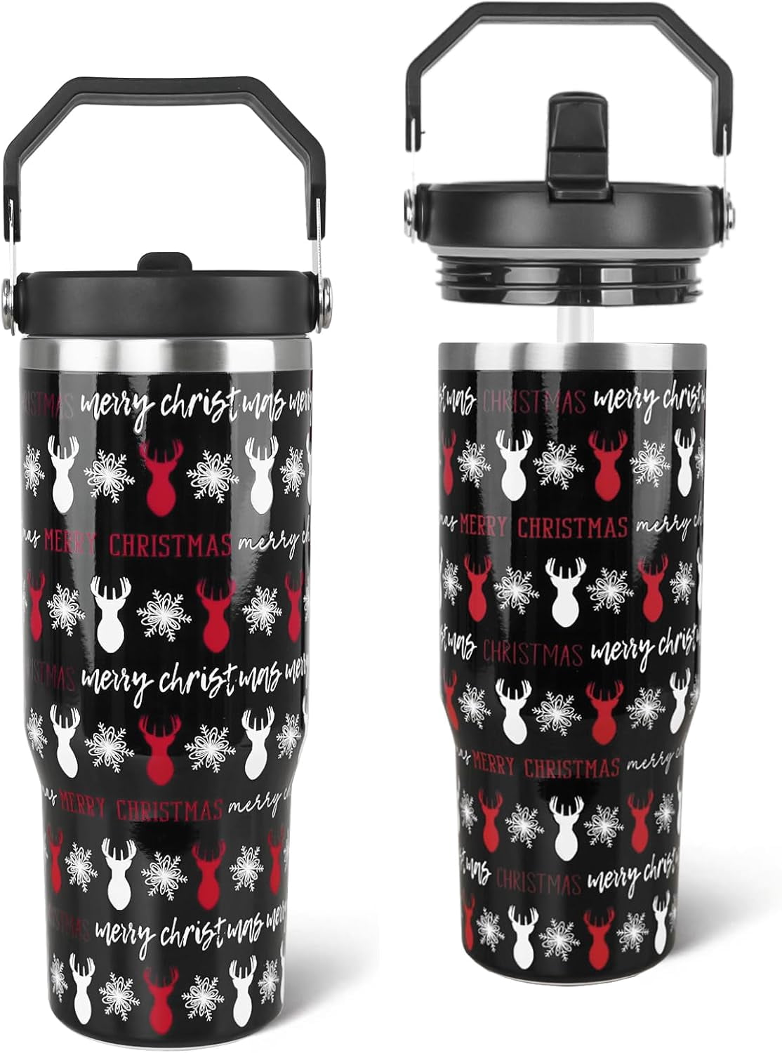 Christmas Tumbler with Handle and Straw Elk Tumbler Insulated Stainless Steel Cups Snowflake Coffee Travel Mug Winter Merry Christmas Gifts Decor-30 oz(1PCS)