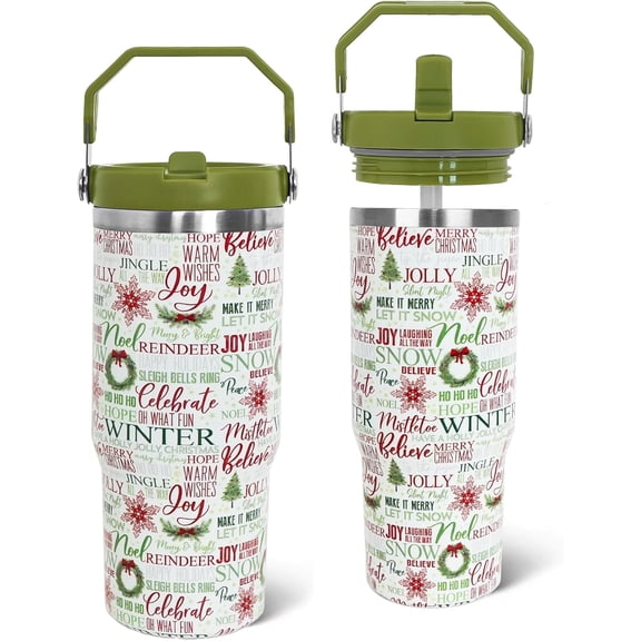 Christmas Tumbler with Handle and Straw Green Xmas Trees Joy Snowflakes Tumbler Insulated Stainless Steel Cups Xmas Coffee Travel Mug Winter Merry Christmas Gifts Decor-30 OZ