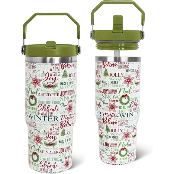 Christmas Tumbler with Handle and Straw Green Xmas Trees Joy Snowflakes Tumbler Insulated Stainless Steel Cups Xmas Coffee Travel Mug Winter Merry Christmas Gifts Decor-30 OZ