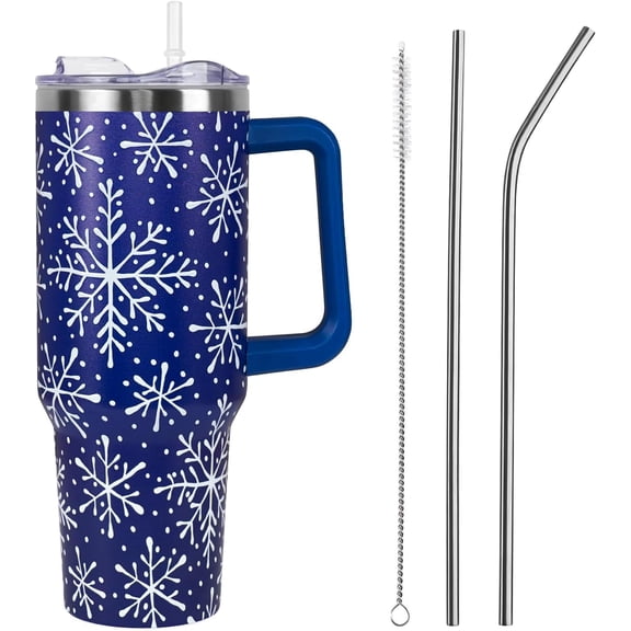 Christmas Tumbler with Handle and Straw Lid 40 oz,5D Cute Christmas Gifts for Women Blue Snowflakes Vacuum Insulated Leak Proof Tumbler,Winter Holiday Accessories Stainless Steel Coffee Cup Mug