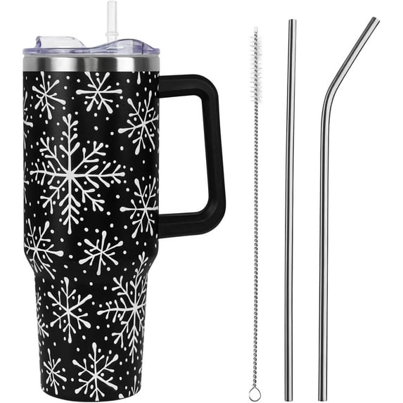 Christmas Tumbler with Handle and Straw Lid 40 oz,Cute Christmas Gifts for Women Black Snowflakes Vacuum Insulated Leak Proof Tumbler,Winter Holiday Accessories Stainless Steel Coffee Cup Mug