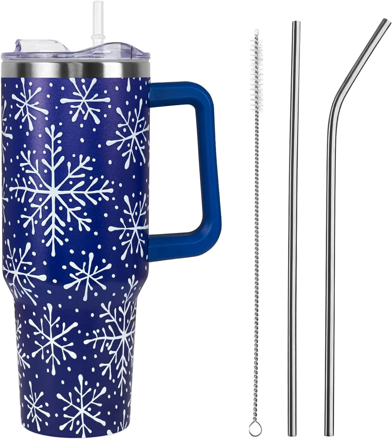 Christmas Tumbler with Handle and Straw Lid 40 oz,Cute Christmas Gifts for Women Blue Snowflakes Vacuum Insulated Leak Proof Tumbler,Winter Holiday Accessories Stainless Steel Coffee Cup Mug