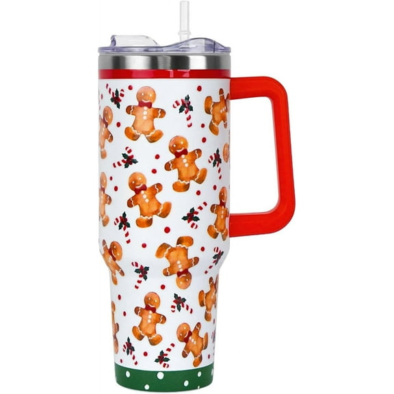 Christmas Tumbler with Handle and Straw Lid 40 oz,Cute Christmas Gifts for Women Gingerbread Candy Cane Vacuum Insulated Leak Proof Tumbler,Winter Holiday Accessories Stainless Steel Coffee Cup Mug