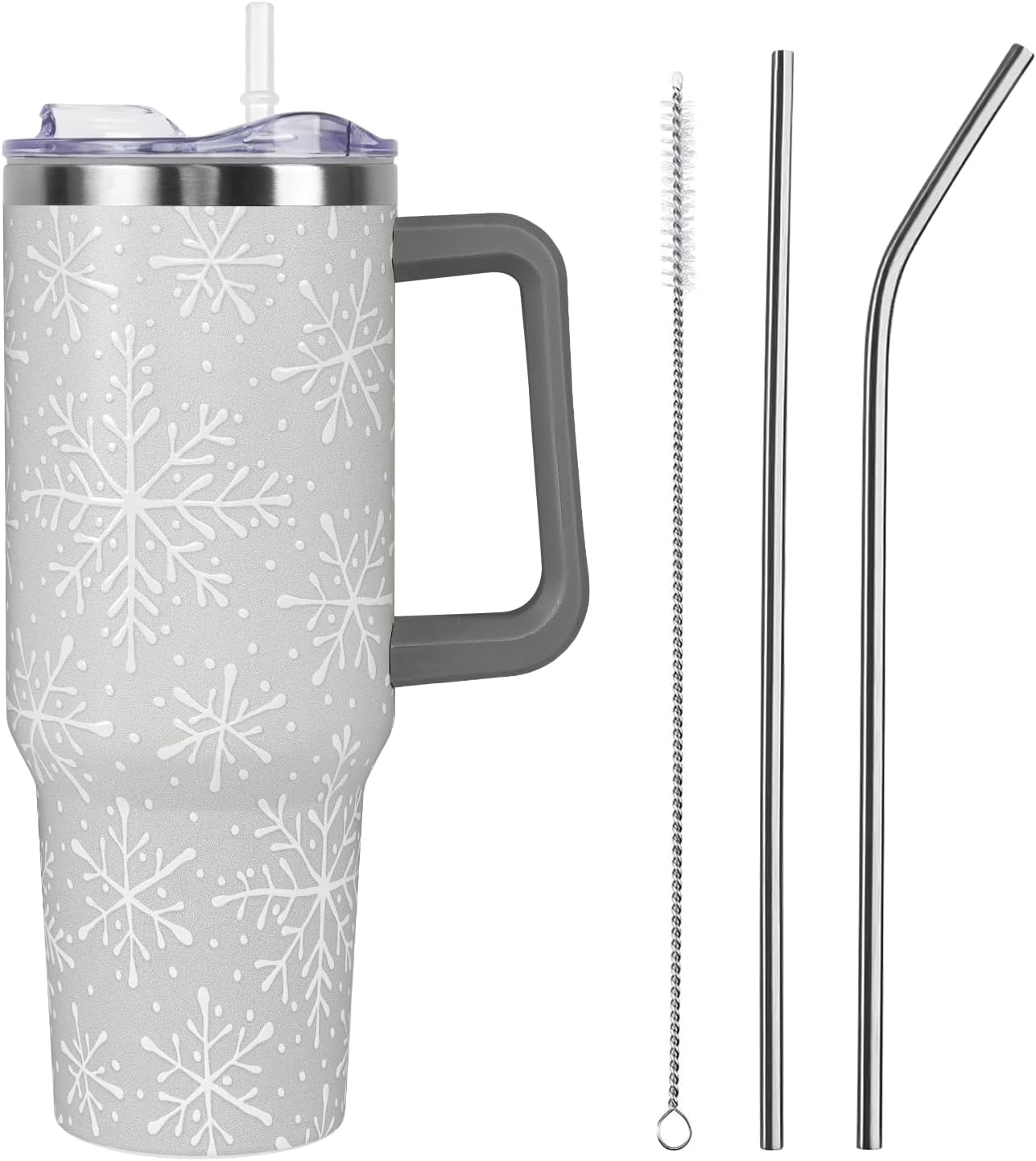 Christmas Tumbler with Handle and Straw Lid 40 oz,Cute Christmas Gifts for Women Gray Snowflakes Vacuum Insulated Leak Proof Tumbler,Winter Holiday Accessories Stainless Steel Coffee Cup Mug