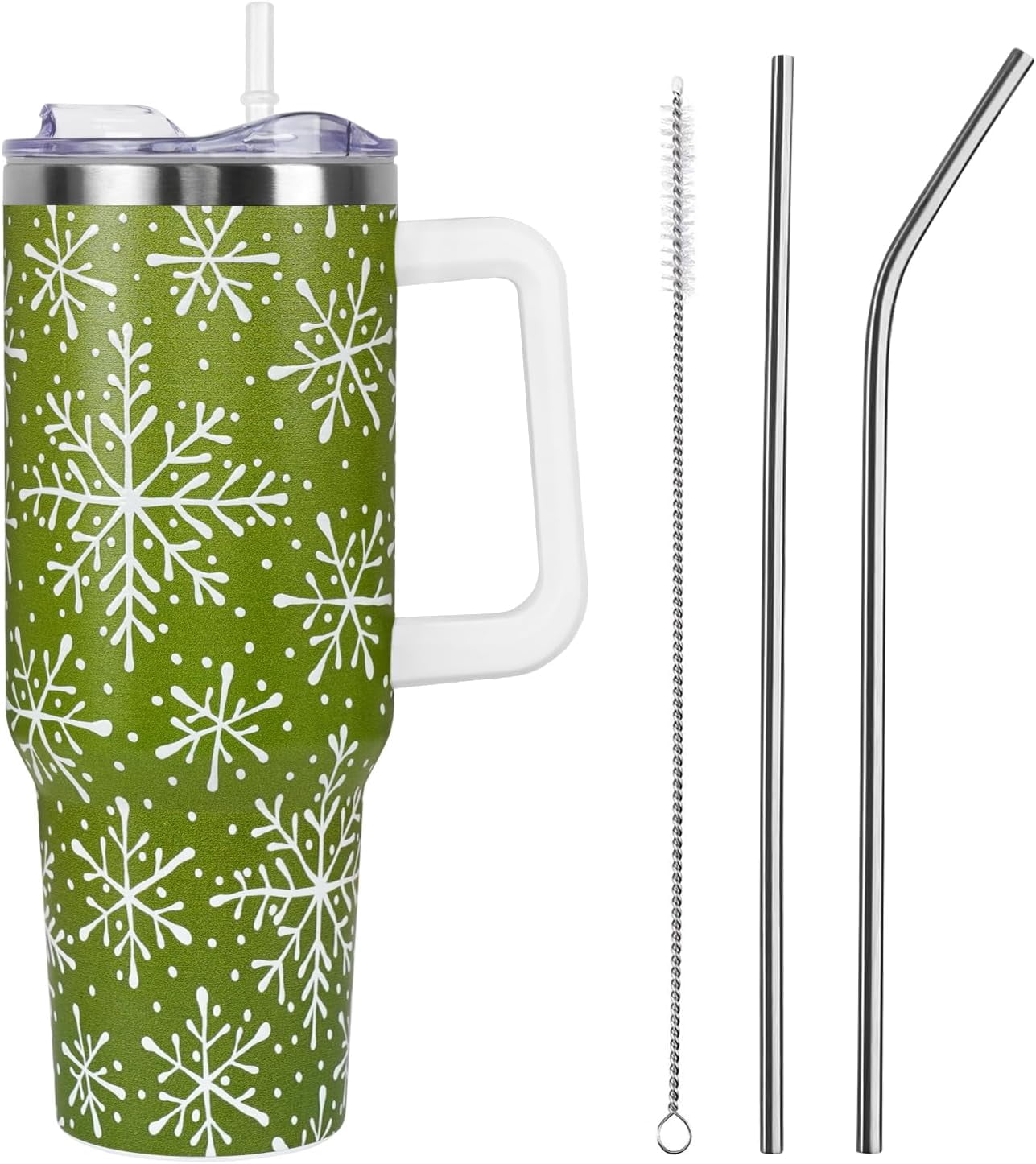Christmas Tumbler with Handle and Straw Lid 40 oz,Cute Christmas Gifts for Women Green Snowflakes Vacuum Insulated Leak Proof Tumbler,Winter Holiday Accessories Stainless Steel Coffee Cup Mug