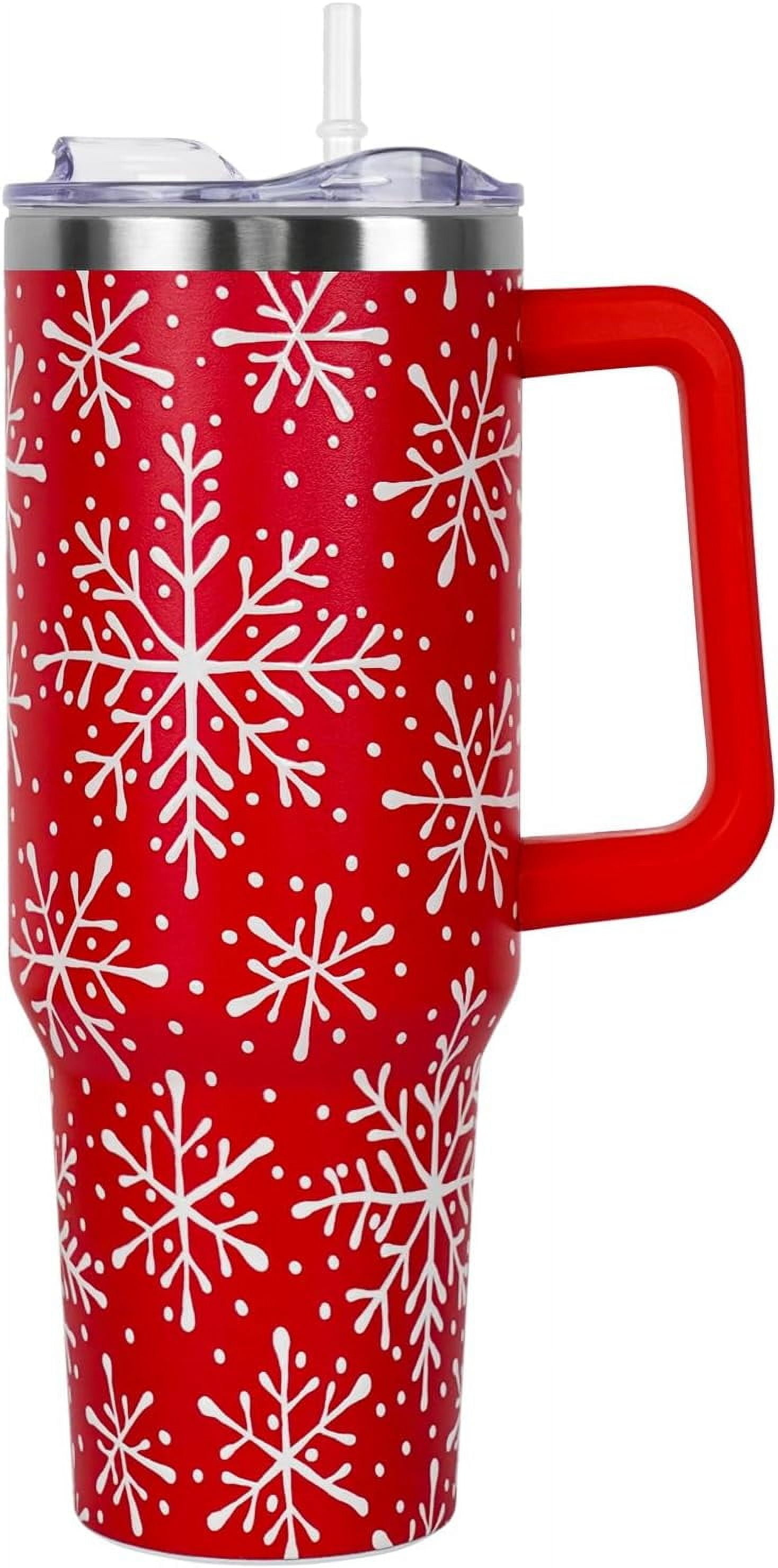 Christmas Tumbler with Handle and Straw Lid 40 oz,Cute Christmas Gifts for Women Red Snowflakes Vacuum Insulated Leak Proof Tumbler,Winter Holiday Accessories Stainless Steel Coffee Cup Mug