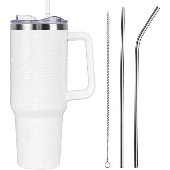 Christmas Tumbler with Handle and Straw Lid 40 oz,Cute Christmas Gifts for Women White Snowflakes Vacuum Insulated Leak Proof Tumbler,Winter Holiday Accessories Stainless Steel Coffee Cup Mug