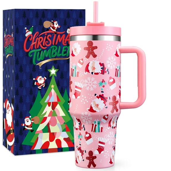 TaroKitc 40 oz Christmas Tumbler with Handle and Straw Lid, Triple Wall Stainless Steel Vacuum Insulated Coffee Travel Mug, Pink Christmas Gifts