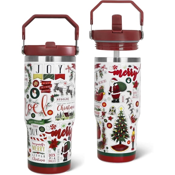 Christmas Tumbler with Handle and Straw Red Christmas Santa Claus Tumbler Insulated Stainless Steel Cup Xmas Coffee Travel Mug Winter Merry Christmas Gifts Decor-30 OZ