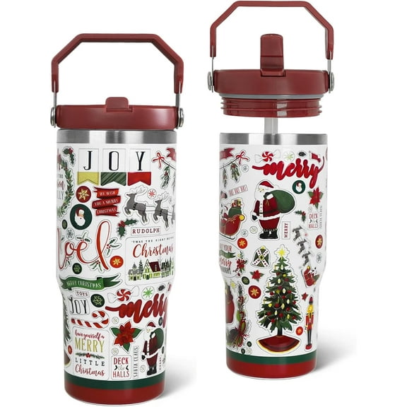 Christmas Tumbler with Handle and Straw Red Christmas Santa Claus Tumbler Insulated Stainless Steel Cup Xmas Coffee Travel Mug Winter Merry Christmas Gifts Decor-30 OZ