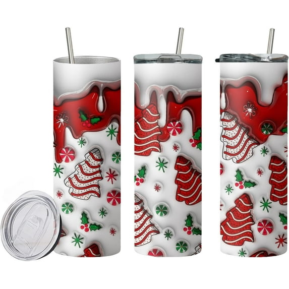20oz 3D Red and White Christmas Tree Inflated Design Hot and Cold Tumbler Cup with Metal Straw and Cleaner