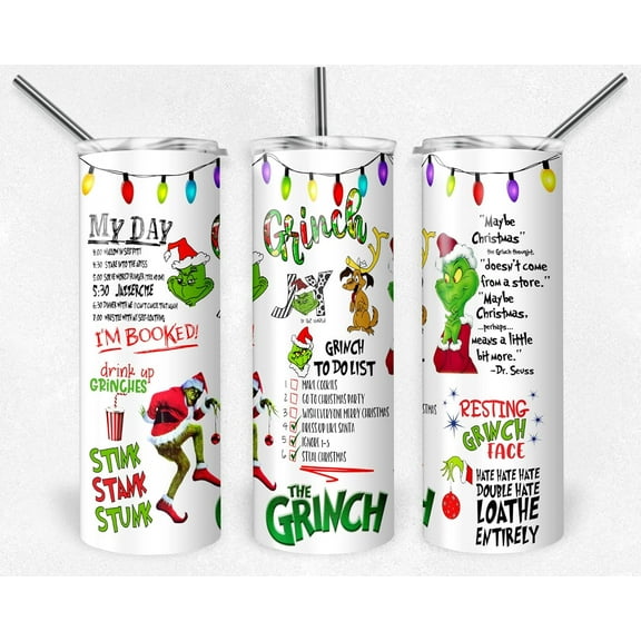 Christmas Tumbler with Lid and Straw Merry Christmas Coffee Mug 20 oz Snowman Christmas Tree Santa Cup Xmas Holiday Gift (The Grin)