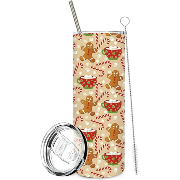 Christmas Tumbler with Straw Lid Gingerbread Man Candy Cane Stainless Steel Cup for Holiday Xmas Party Gifts, 20 Oz