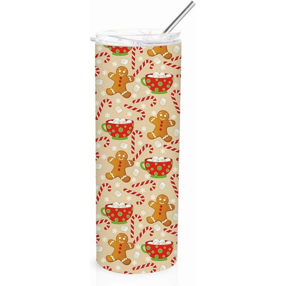 Christmas Tumbler with Straw Lid Gingerbread Man Candy Cane Stainless Steel Cup for Holiday Xmas Party Gifts, 20 Oz