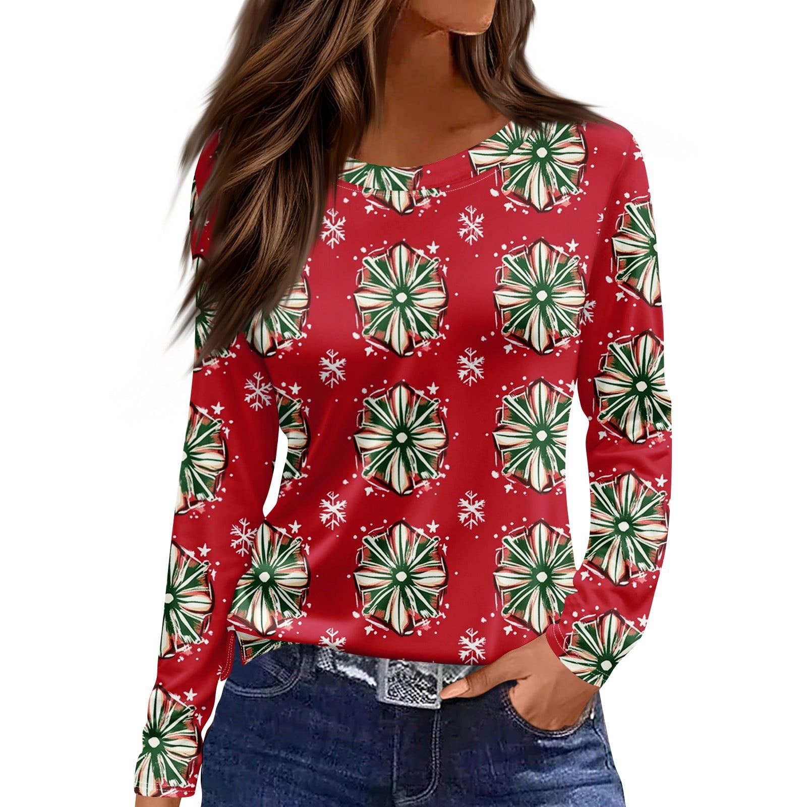 Christmas Tunic Tops for Women Xmas Snowflake Print TShirts Crew Neck