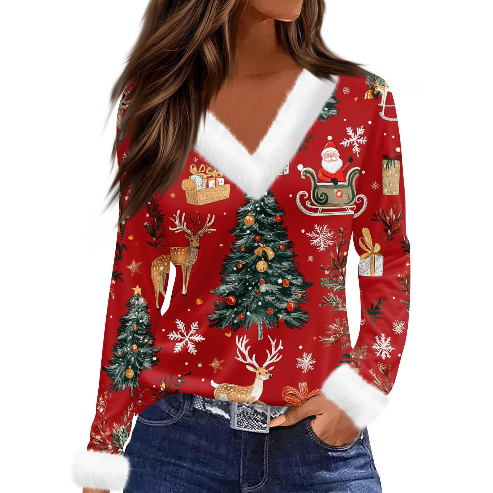 Christmas Tunic Tops for Women Xmas Snowflake Print TShirts Faux Fur V