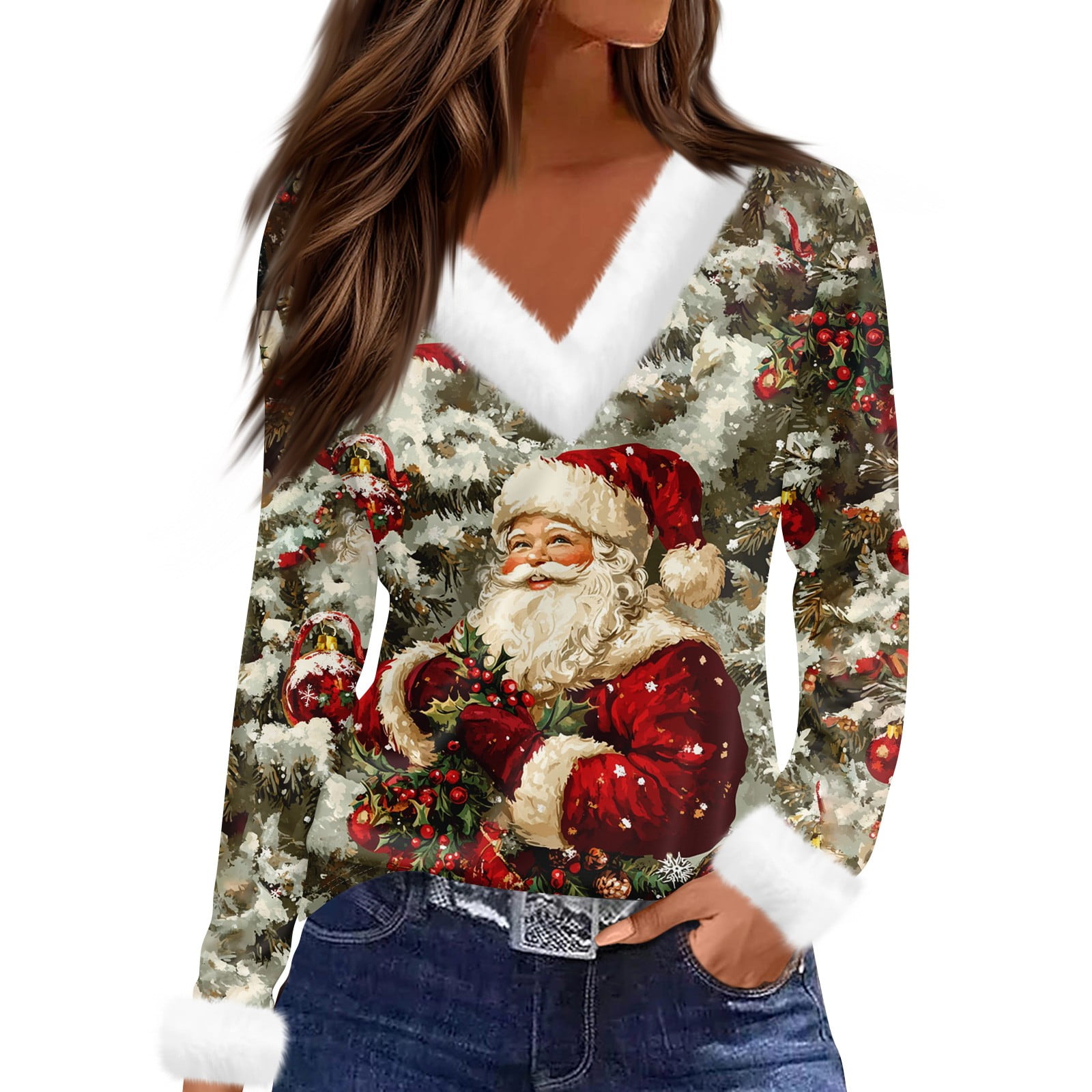 Christmas Tunic Tops for Women Xmas Snowflake Print TShirts Faux Fur V