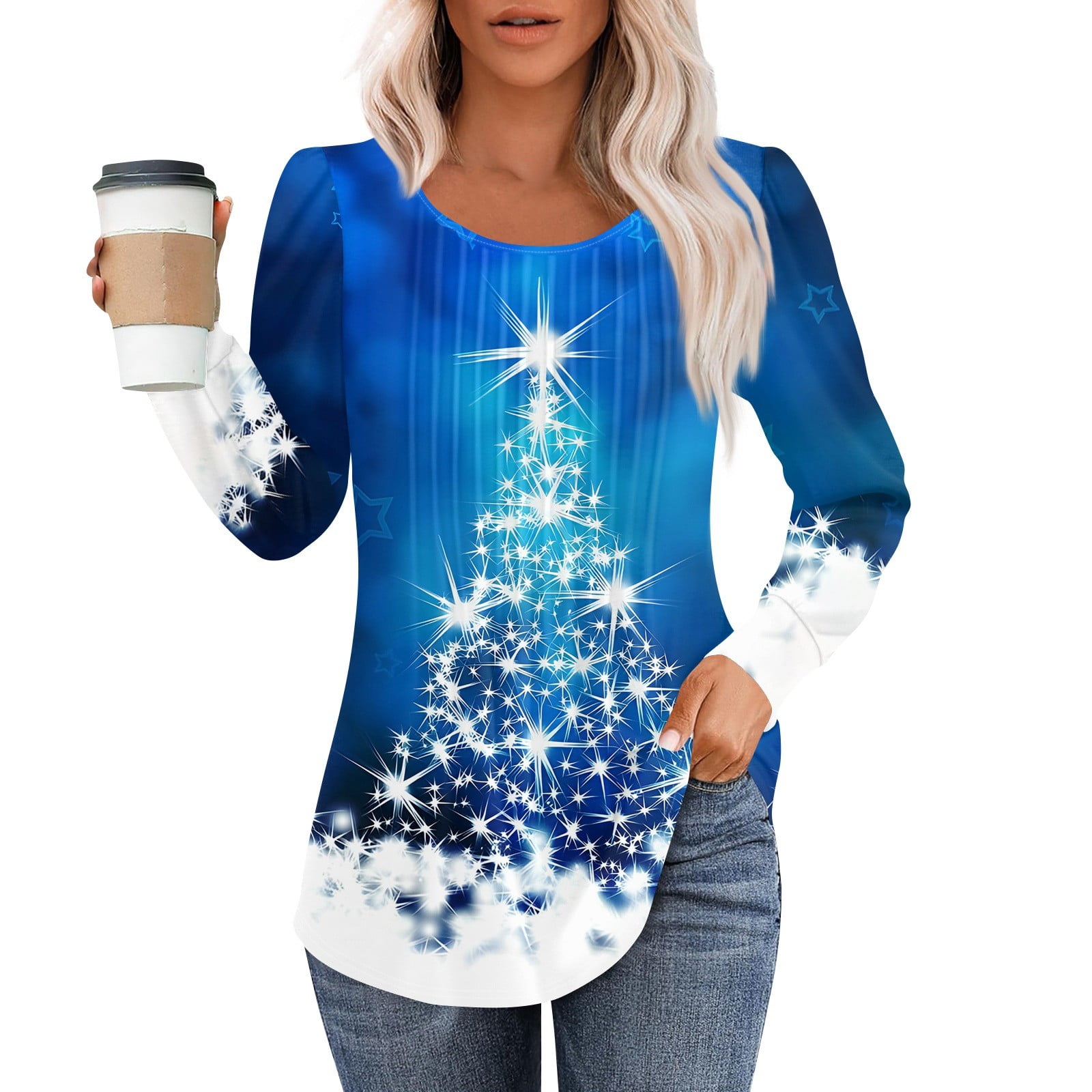 Christmas Tunic Tops for Women Xmas Snowflake Print TShirts Pleated