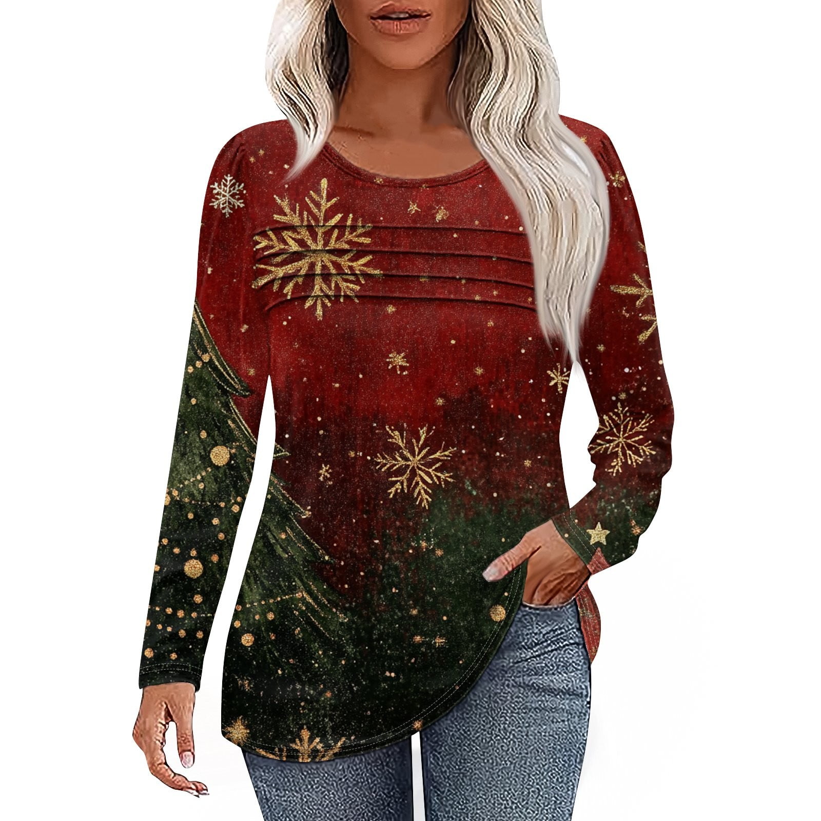 Christmas Tunic Tops for Women Xmas Snowflake Print Tshirts Long Sleeve