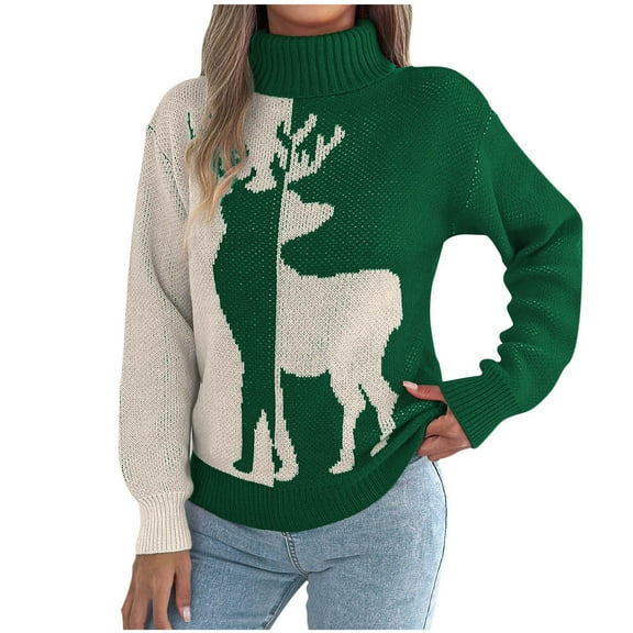 Christmas Turtleneck Sweater Women Cute Holiday Xmas Graphic Pullover Sweaters Long Sleeve Knitted Tops Green, L