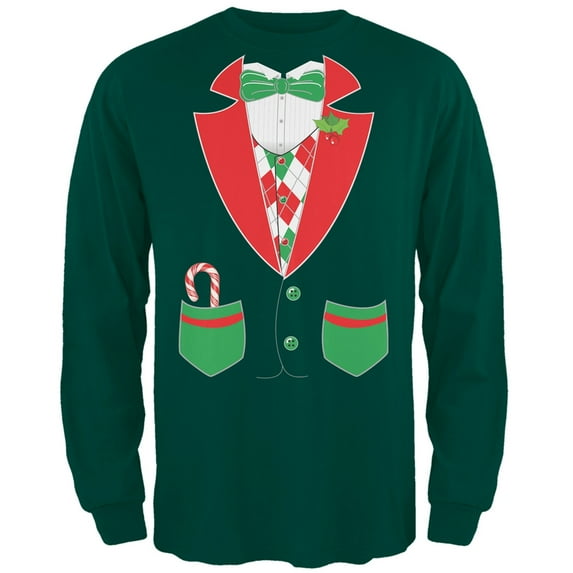 Christmas Tuxedo Costume Dark Green Adult Long Sleeve T-Shirt - 2X-Large