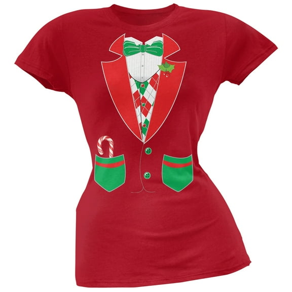 Christmas Tuxedo Costume Red Soft Juniors T-Shirt - Large