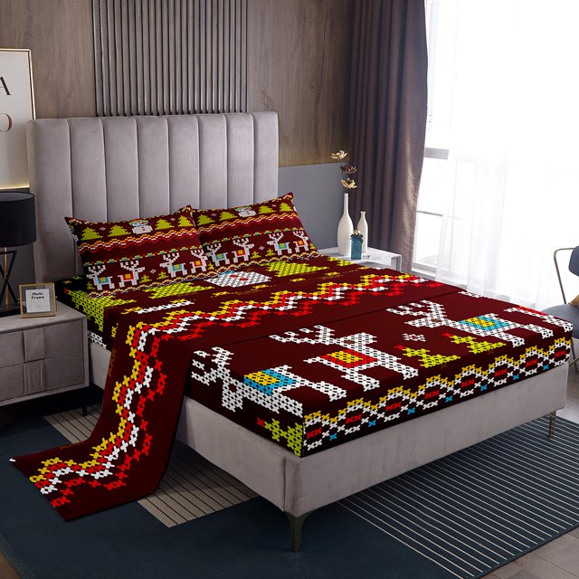 Christmas Twin Bed Sheets Set Xmas Tree Snowman Reindeer Sheet Set for