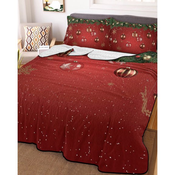 Christmas Twin Size Down Alternative Comforter, Lightweight Comforter Quilt Bedding Set with Pillow Shams Red Xmas Balls Pine Branches Snowflakes Winter All Seasons Bed Comforter Duvet Insert 68"x86"
