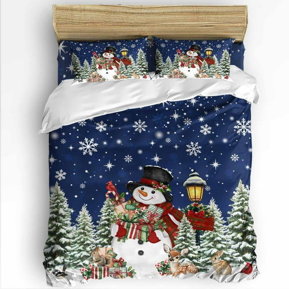 Christmas Twin Size Comforter Set, Cute Hat Snowman Xmas Box Pine Trees Snow Navy Blue Bedding for All Seasons, 4 Pcs Bed Set with 1 Comforter (68"x86") ,1Sheet(66"x116"), 2 Pillowcases (19"x29")