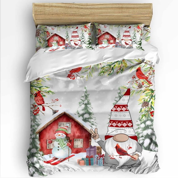 Christmas Twin Size Comforter Set, Dwarf Snowmen Cardinal Bird Farmhouse Soft Bedding for All Seasons, 4 Pcs Bed Set with 1 Comforter (68"x86") ,1Sheet(66"x116"), 2 Pillowcases (19"x29")
