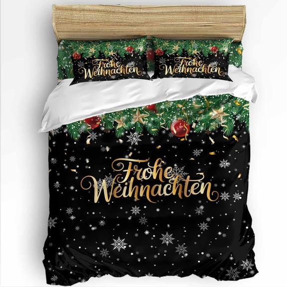 Christmas Twin Size Comforter Set, Frohe Weihnachten Green Leaf Xmas Ball Snow Black Soft Bedding for All Seasons, 4 Pcs Bed Set with 1 Comforter (68"x86") ,1Sheet(66"x116"), 2 Pillowcases (19"x29")