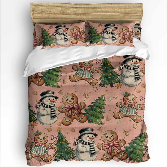 Christmas Twin Size Comforter Set, Gingerbread Man Snowman Xmas Tree Star Retro Pink Soft Bedding for All Seasons, 4 Pcs Bed Set with 1 Comforter (68"x86") ,1Sheet(66"x116"), 2 Pillowcases (19"x29")