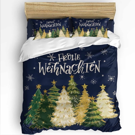 Christmas Twin Size Comforter Set, Green Xmas Tree Snow Frohe Weihnachten Navy Blue Soft Bedding for All Seasons, 4 Pcs Bed Set with 1 Comforter (68"x86") ,1Sheet(66"x116"), 2 Pillowcases (19"x29")