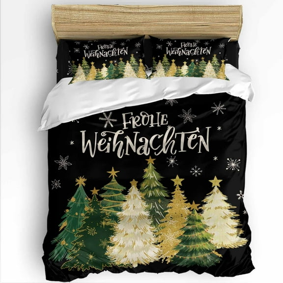 Christmas Twin Size Comforter Set, Green Xmas Tree Snowing Frohe Weihnachten Black Soft Bedding for All Seasons, 4 Pcs Bed Set with 1 Comforter (68"x86") ,1Sheet(66"x116"), 2 Pillowcases (19"x29")