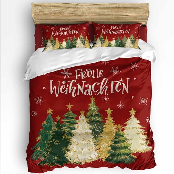 Christmas Twin Size Comforter Set, Green Xmas Tree Snowing Frohe Weihnachten Red Soft Bedding for All Seasons, 4 Pcs Bed Set with 1 Comforter (68"x86") ,1Sheet(66"x116"), 2 Pillowcases (19"x29")