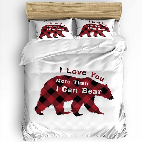 Christmas Twin Size Comforter Set, I Love You Red Plaid Bear More Than I Can Bear Soft Bedding for All Seasons, 4 Pcs Bed Set with 1 Comforter (68"x86") ,1Sheet(66"x116"), 2 Pillowcases (19"x29")