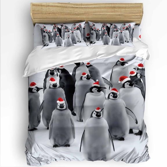 Christmas Twin Size Comforter Set, Penguins Wear Christmas Hats Abstract Animals Decor Bedding for All Seasons, 4 Pcs Bed Set with 1 Comforter (68"x86") ,1Sheet(66"x116"), 2 Pillowcases (19"x29")