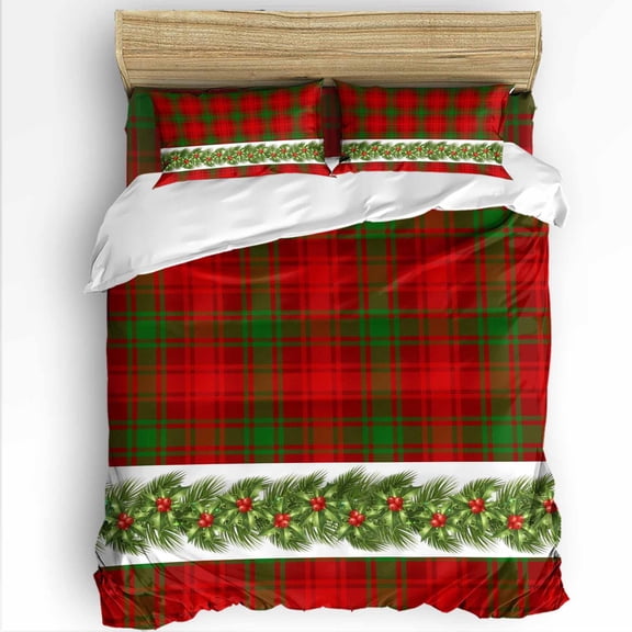 Christmas Twin Size Comforter Set, Poinsettias Pine Leaf Fruits Winter Green Red Plaid Bedding for All Seasons, 4 Pcs Bed Set with 1 Comforter (68"x86") ,1Sheet(66"x116"), 2 Pillowcases (19"x29")
