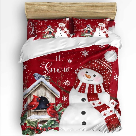 Christmas Twin Size Comforter Set, Red Hat Snowman Xmas Cardinal Bird House Red Modern Bedding for All Seasons, 4 Pcs Bed Set with 1 Comforter (68"x86") ,1Sheet(66"x116"), 2 Pillowcases (19"x29")