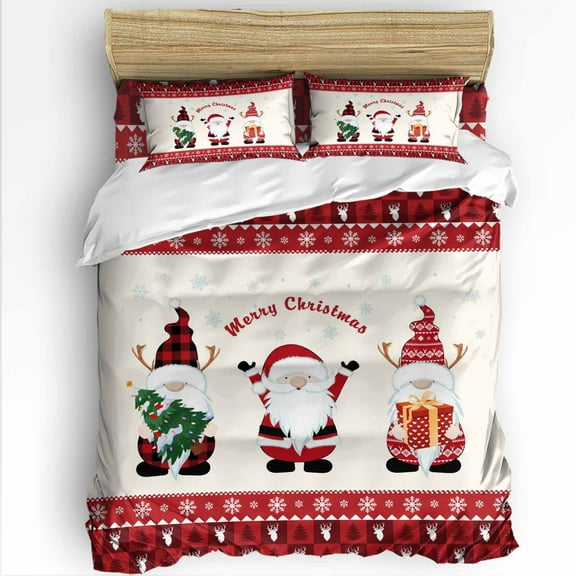 Christmas Twin Size Comforter Set, Red Santa Claus Xmas Gnome Snowflakes Beige Soft Bedding for All Seasons, 4 Pcs Bed Set with 1 Comforter (68"x86") ,1Sheet(66"x116"), 2 Pillowcases (19"x29")