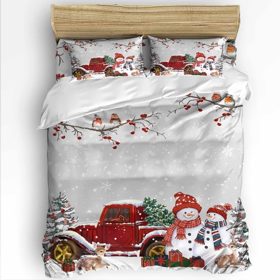 Christmas Twin Size Comforter Set, Red Snowman Truck Tree Branches Bird Snowing Grey Soft Bedding for All Seasons, 4 Pcs Bed Set with 1 Comforter (68"x86") ,1Sheet(66"x116"), 2 Pillowcases (19"x29")